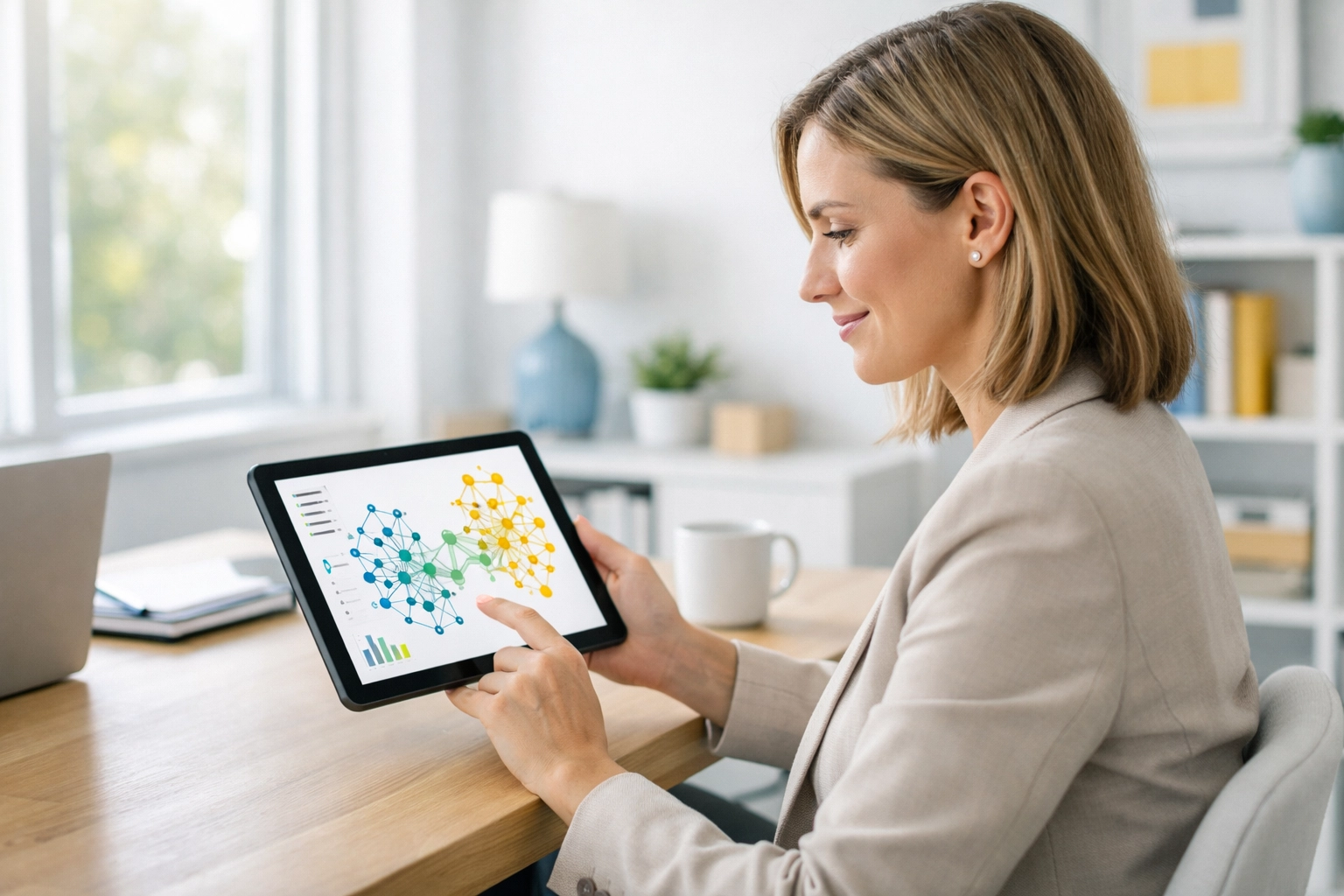 A nonprofit fundraiser using a tablet for smart donor scheduling in a modern office.