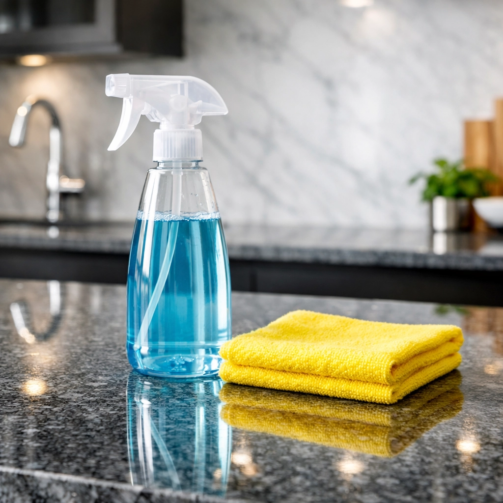 Eco-friendly cleaning products on a granite countertop for safe deep cleaning Norfolk services.