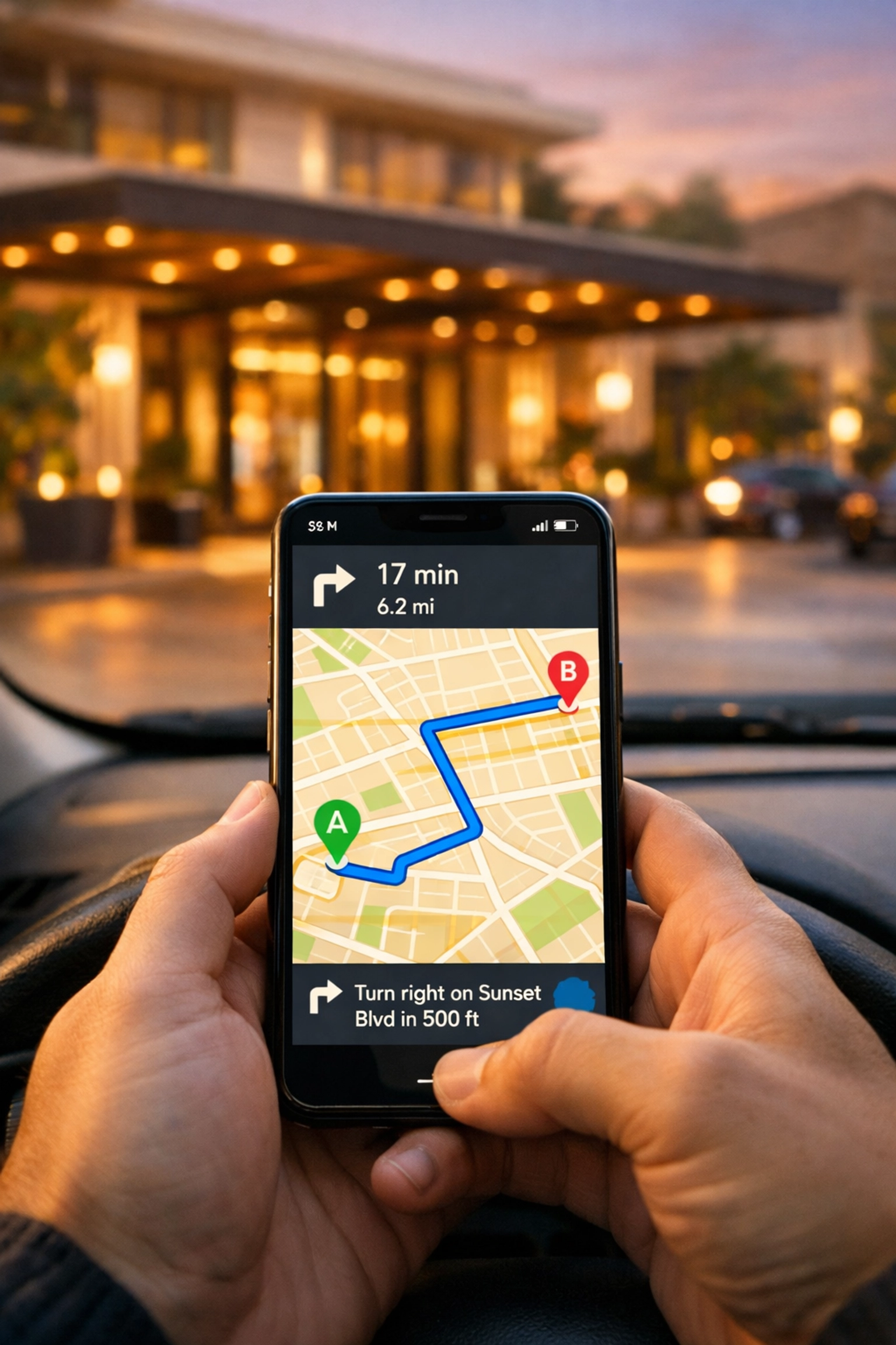Smartphone displaying geo-targeted navigation route to hotel entrance at dusk