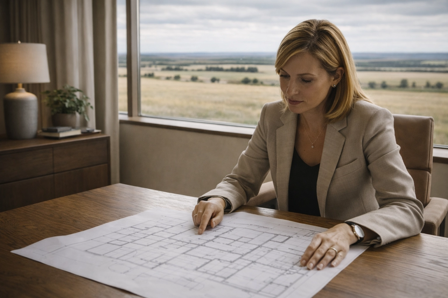 Single executive reviewing a blueprint in a warm modern office with a field view, symbolizing calm stewardship and operational protection Single executive reviewing a blueprint in a warm modern office with a field view, symbolizing calm stewardship and operational protection