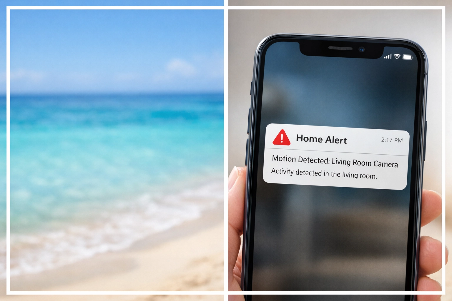 Beach vacation scene next to phone showing home monitoring alert for traveling homeowners