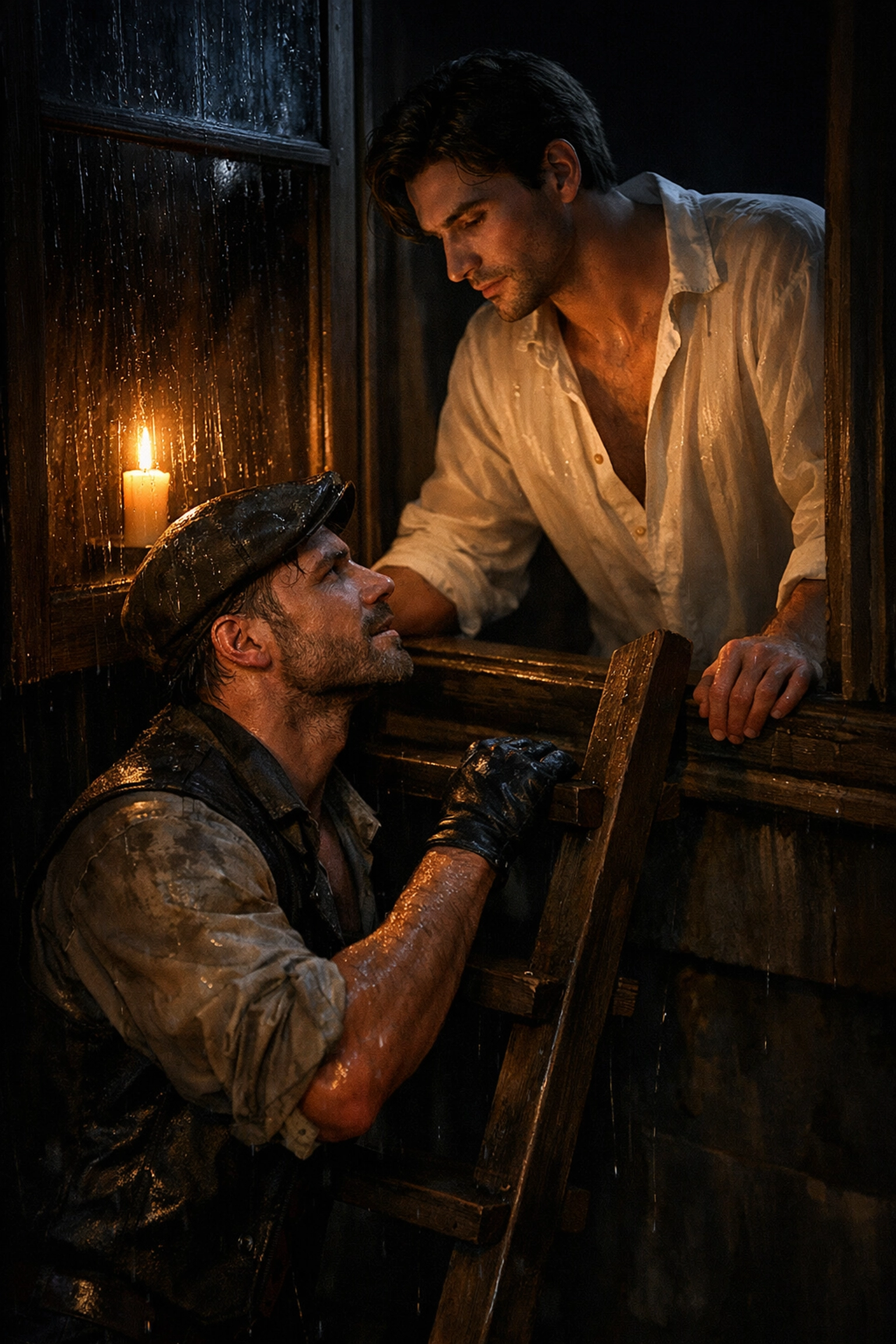 A secret late-night window encounter between two men in a historical gay romance.