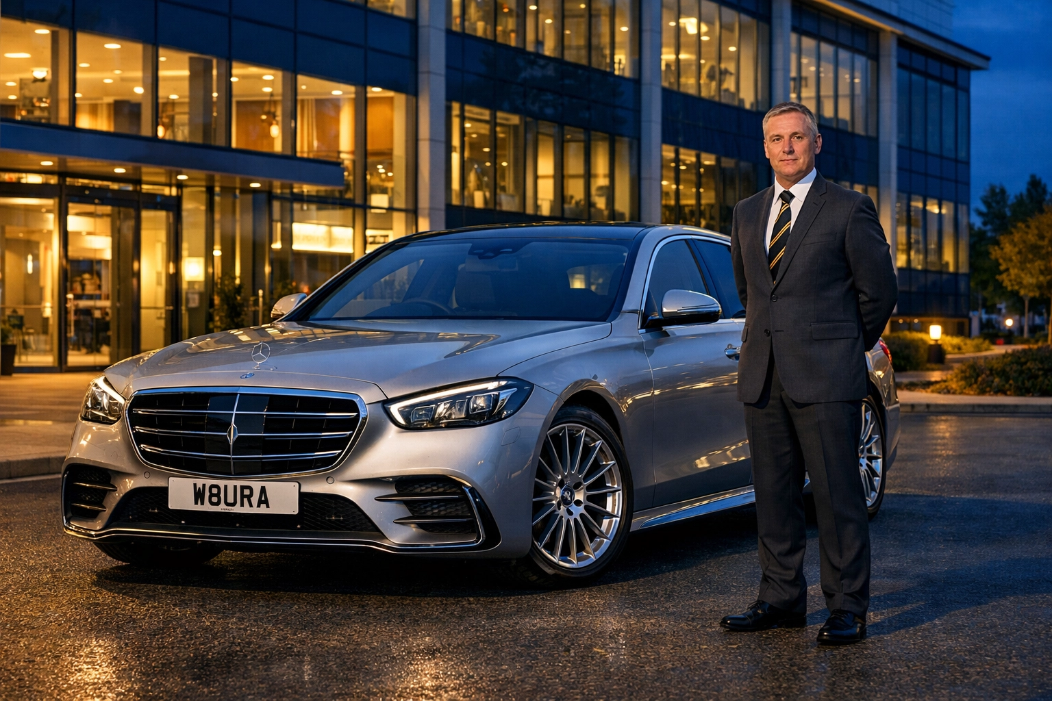 Silver Mercedes-Benz S-Class and professional chauffeur providing reliable corporate travel in Nottingham.