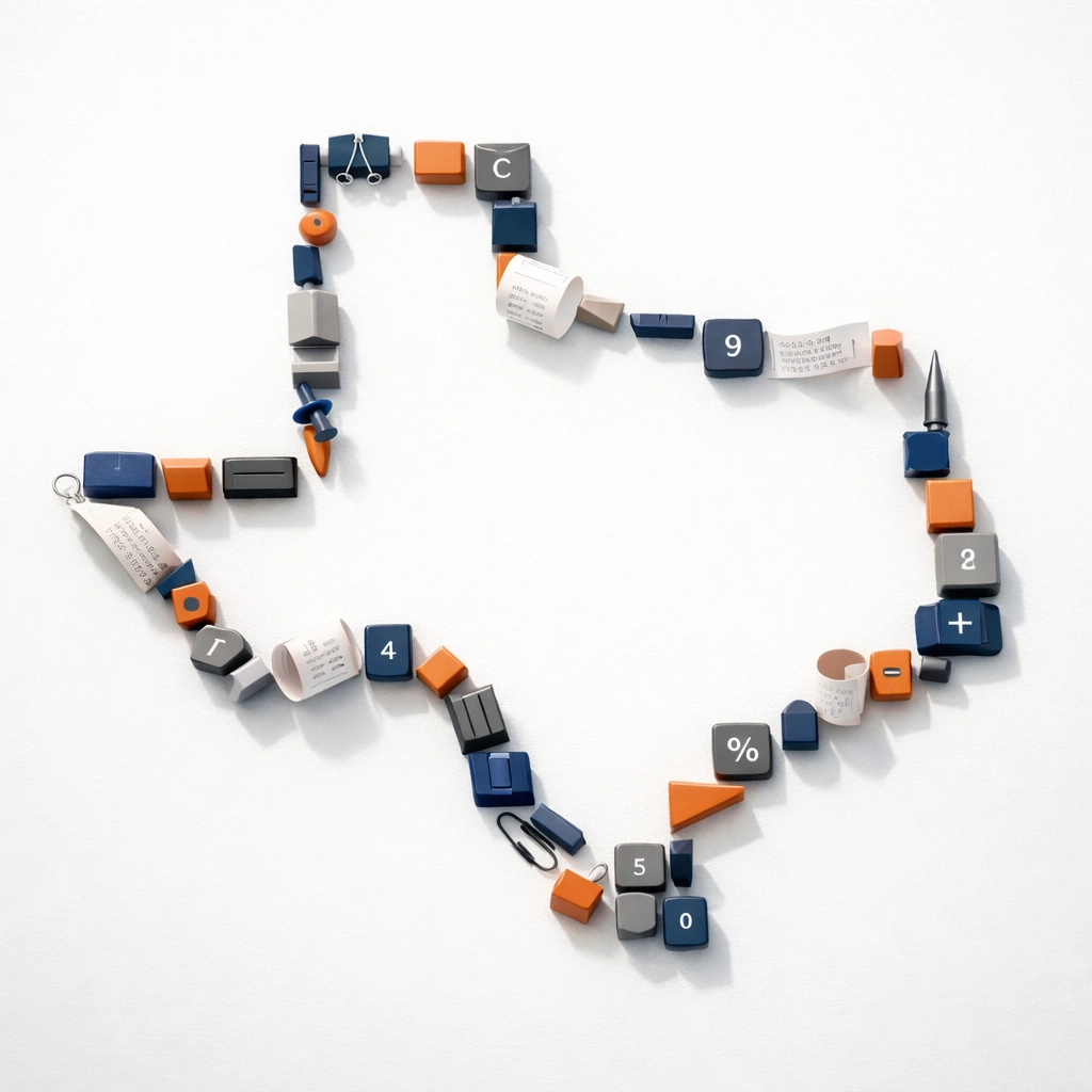 Texas business tax services concept with office supplies forming state outline