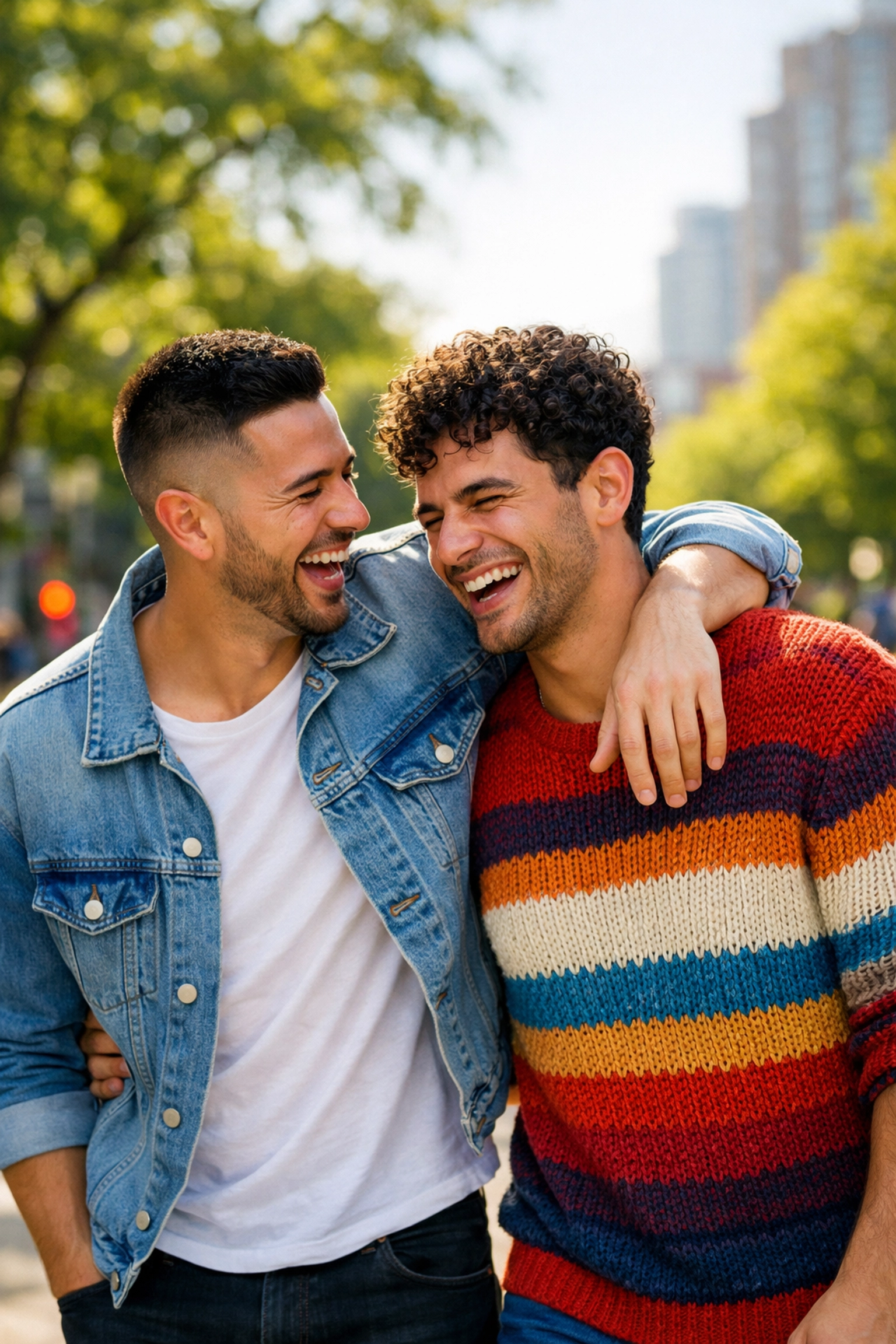 A diverse gay couple laughing in a park, showcasing a hopeful and authentic modern queer love story.