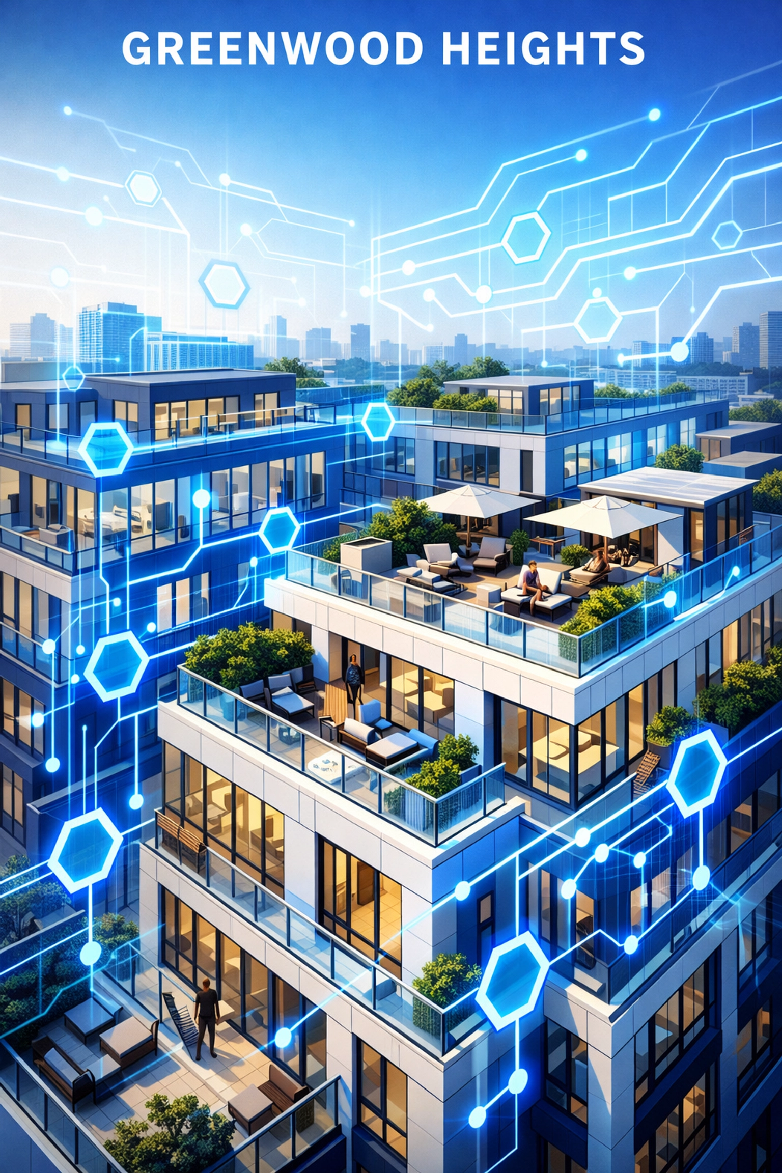 Modern Greenwood Heights residential development featuring tech-forward amenity and smart-home management.