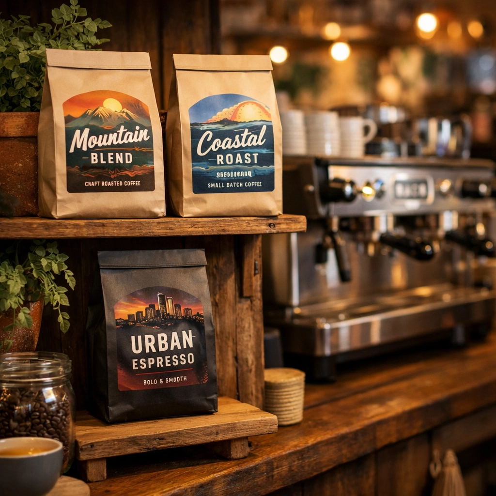 Custom labeled wholesale coffee bags displayed in café for brand identity