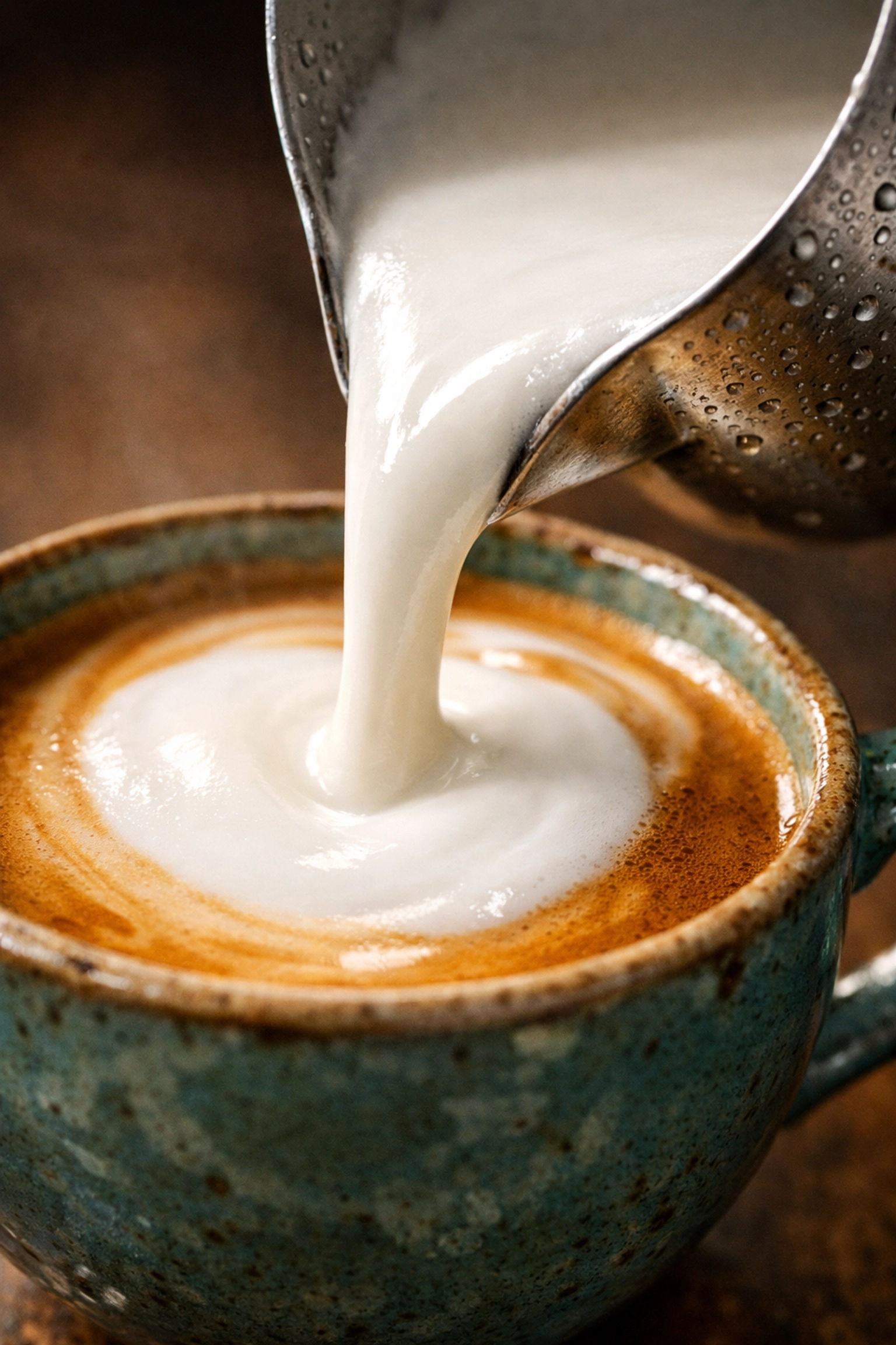 Silky microfoam being poured into a cup of espresso to create a professional latte with rich crema.