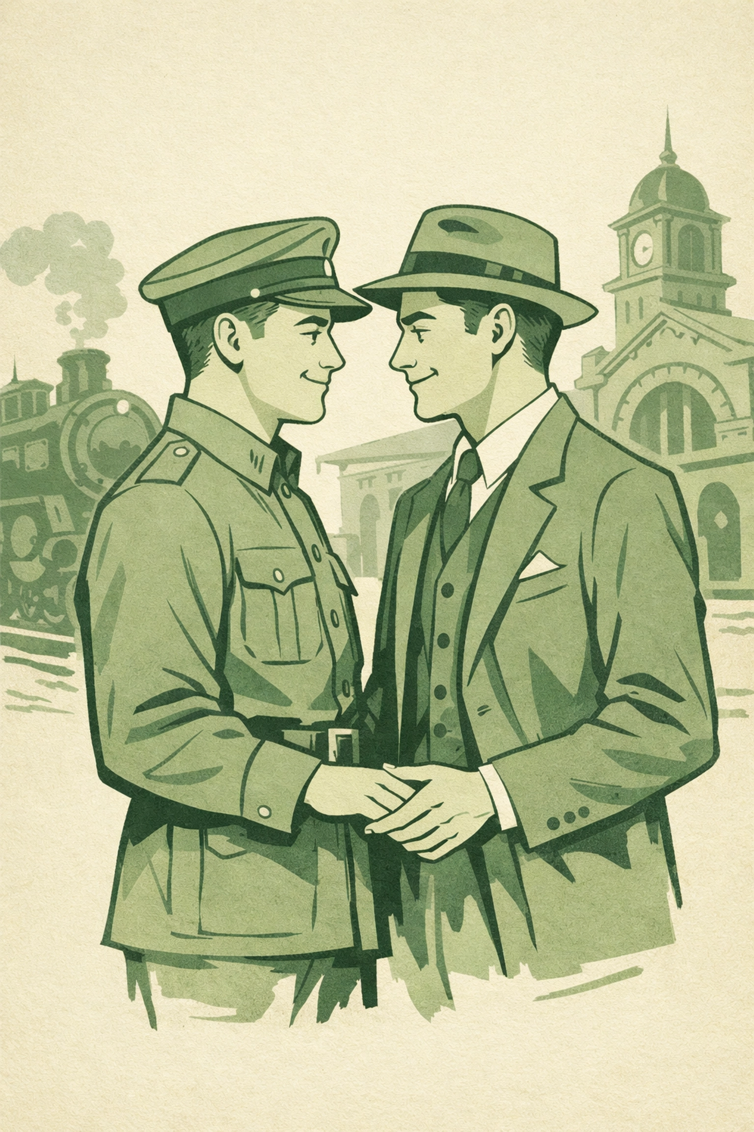 Gay historical romance couple showing emotional connection in period setting