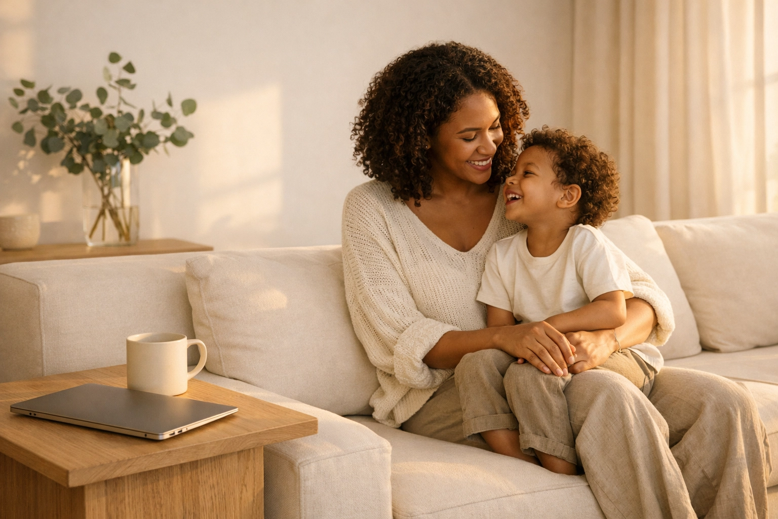 A mother and child relaxing together, reflecting the work-life balance of a sustainable online business.