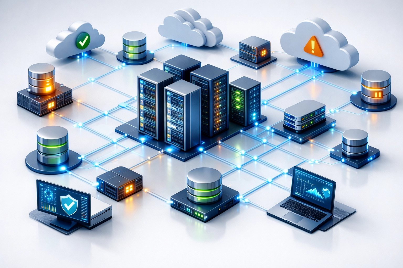 ServiceNow ITOM asset discovery showing interconnected IT infrastructure with servers, cloud nodes, and databases
