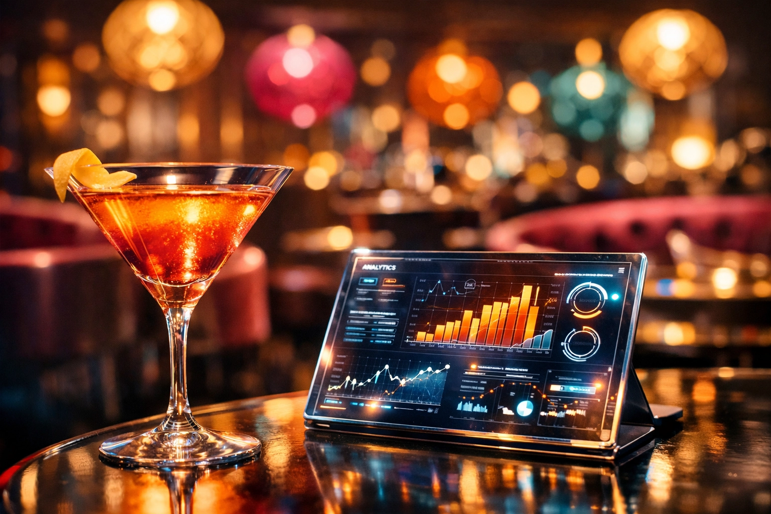 A martini glass and business tablet in a neon-lit lounge, showing the balance between work and dating.