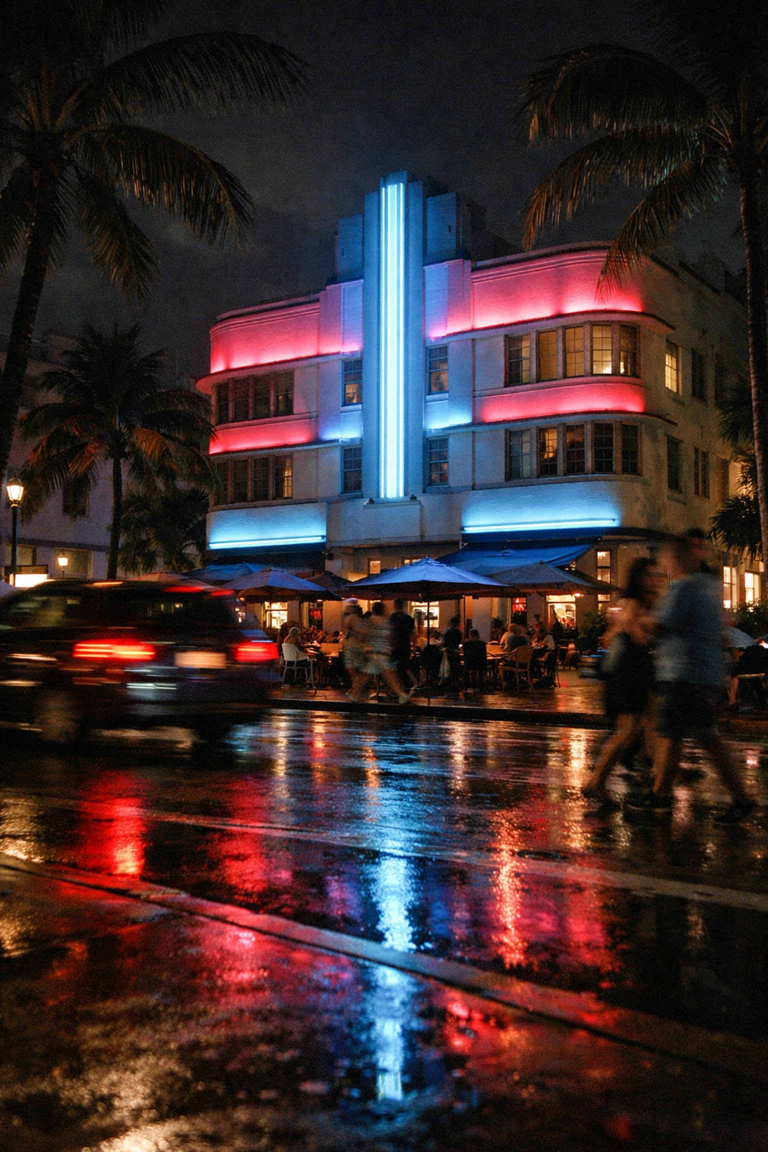Historic Art Deco hotels and neon lights on Ocean Drive, a highlight of South Beach Miami photography.