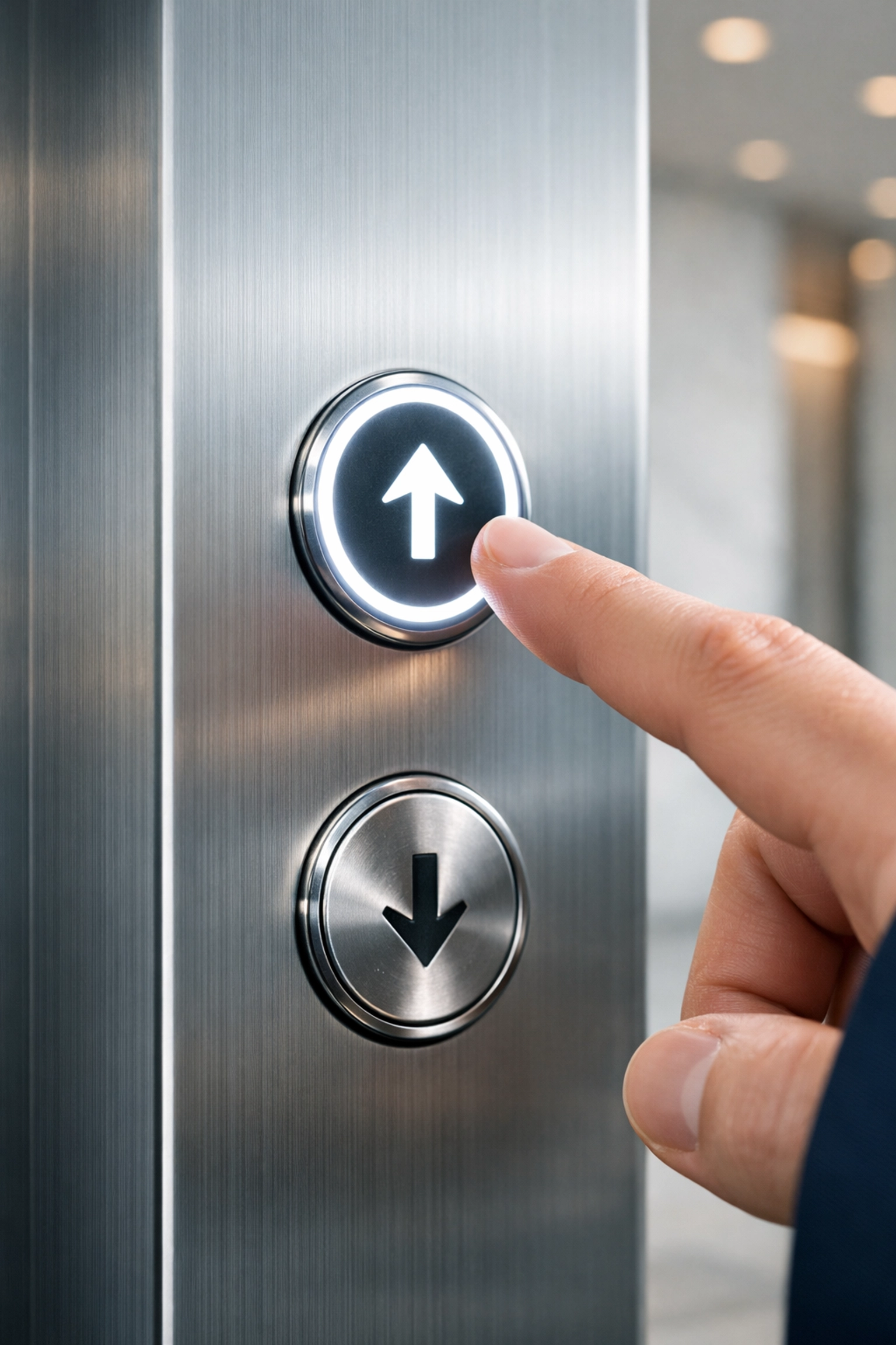 Clean elevator control panel in a Chicago office lobby highlighting high-touch surface disinfection.