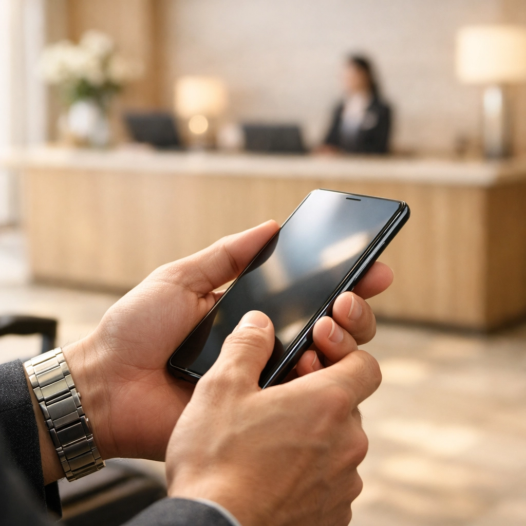 Traveler booking a hotel room directly on a smartphone in a bright, minimalist lobby.