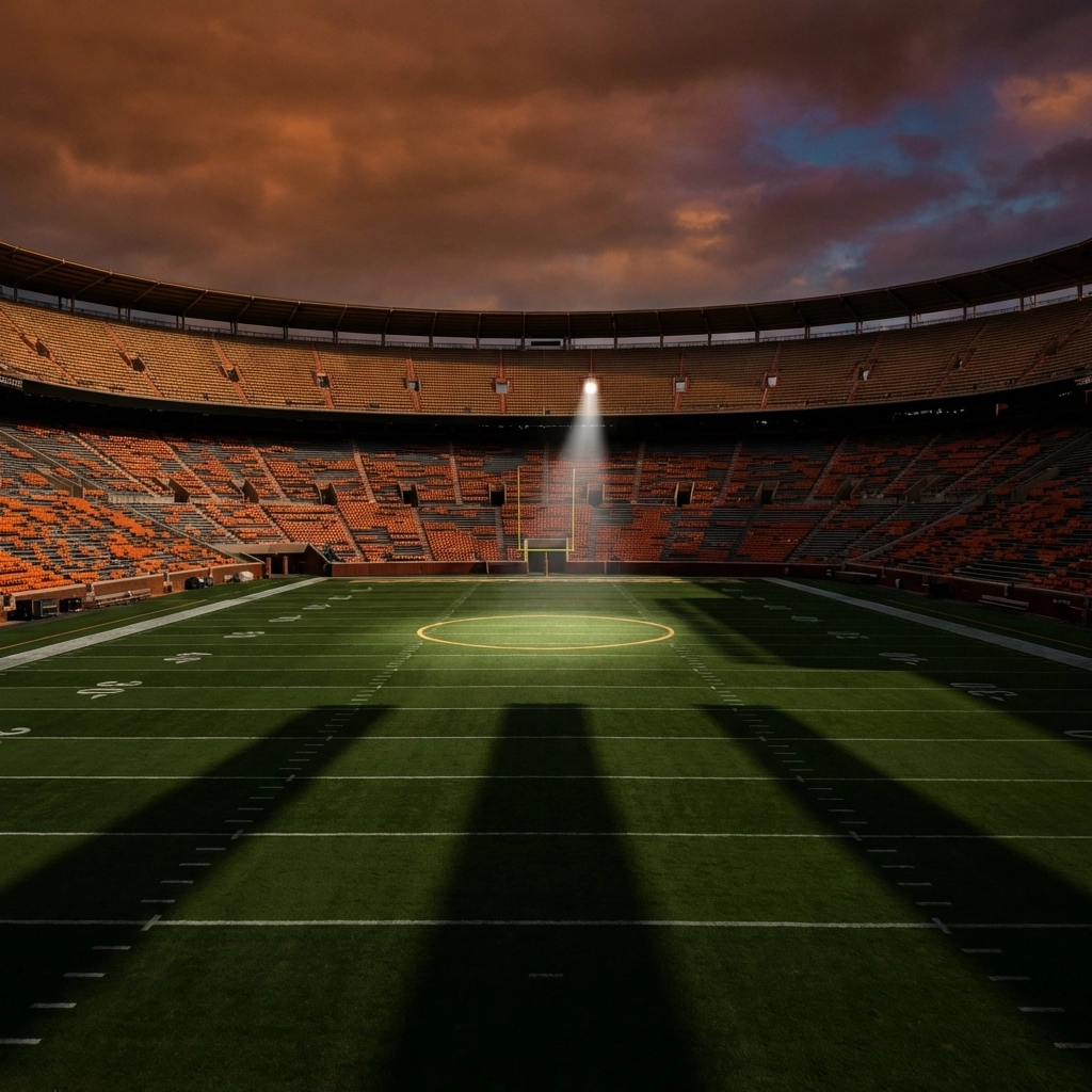 Empty Tennessee football stadium at dusk highlighting quarterback uncertainty amid eligibility lawsuit