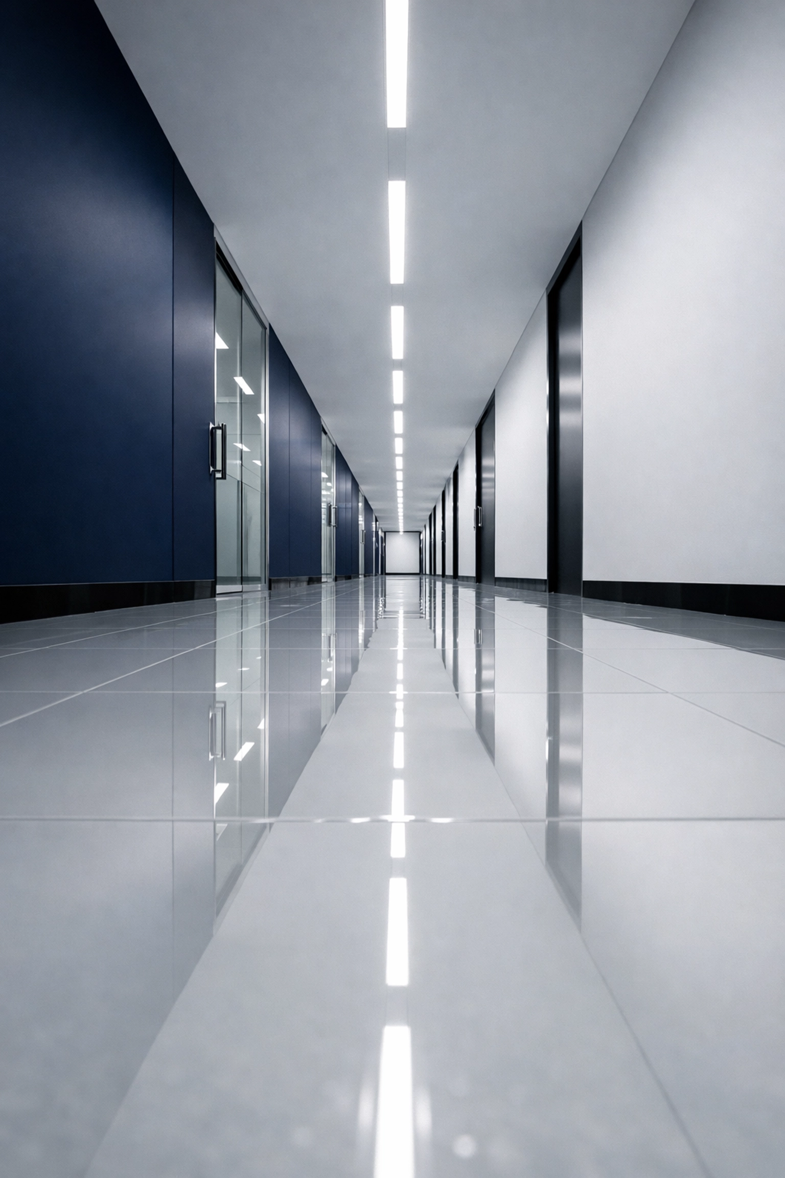 Pristine office corridor with high-gloss polished floors reflecting professional commercial cleaning in Quincy.