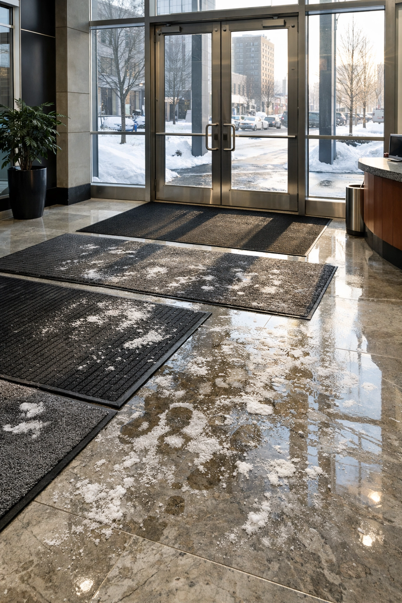 Office lobby entrance with winter salt residue and snow tracked across marble floors