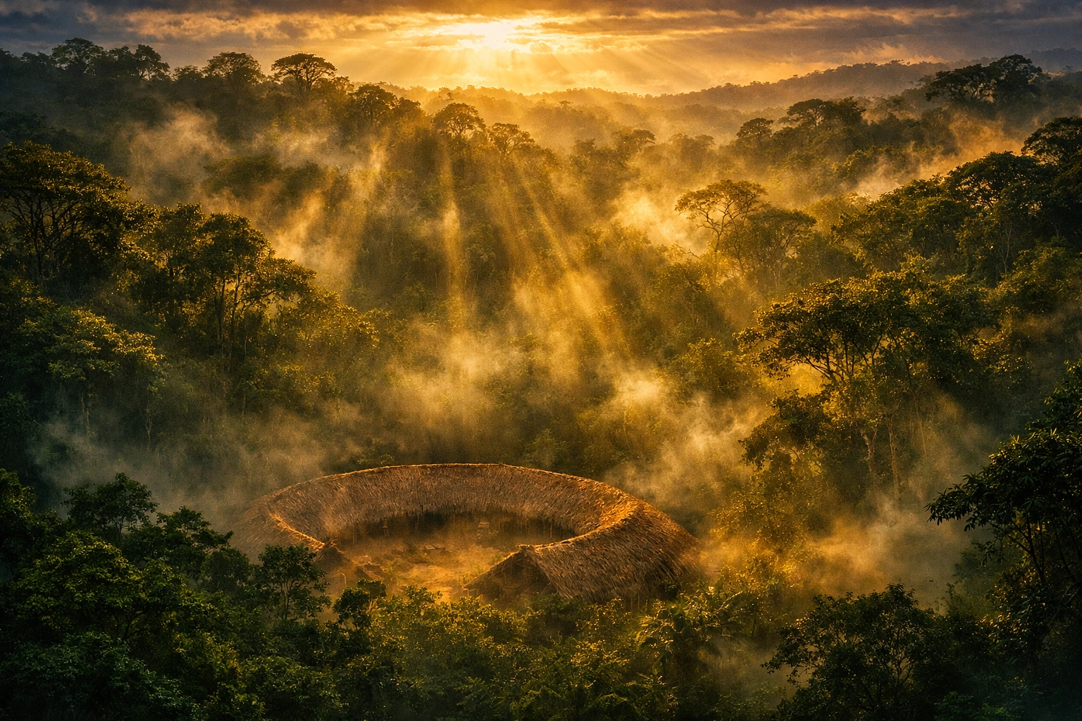 Amazon rainforest canopy with traditional Yanomami shabono dwelling representing indigenous LGBTQ+ culture