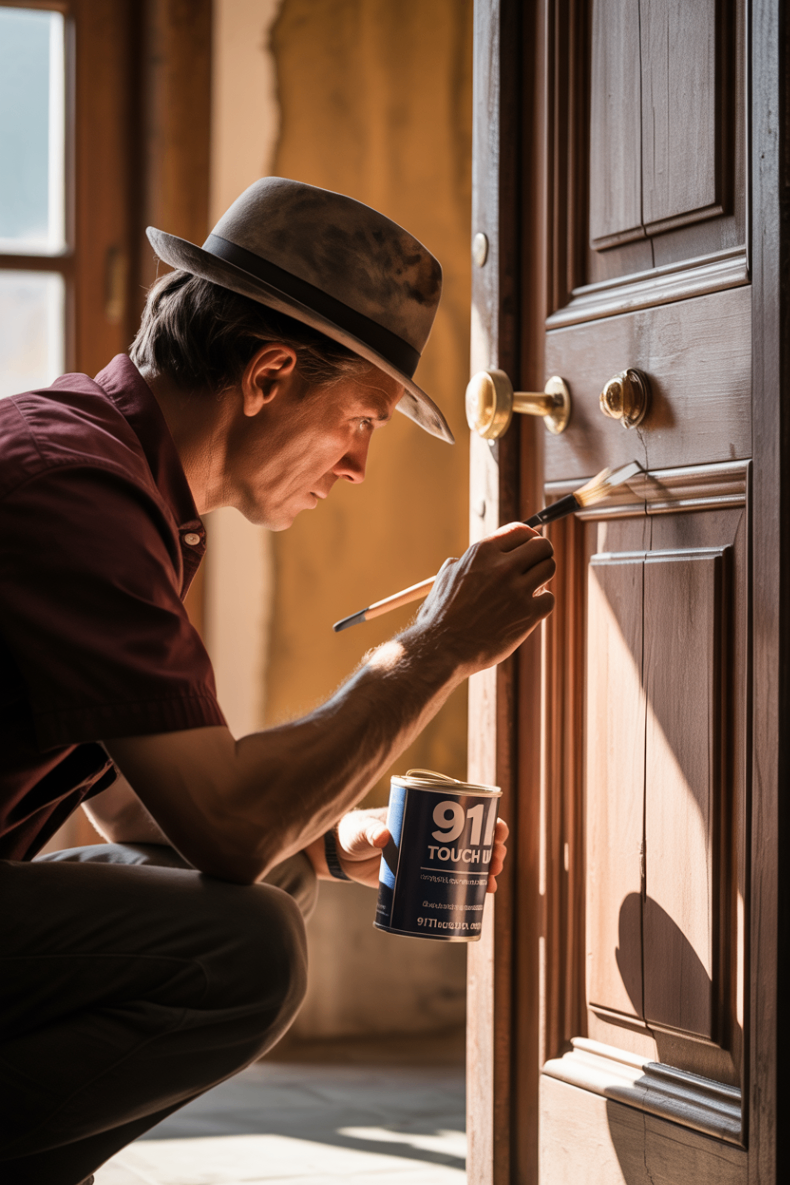 911 Touch Up LLC Technician Restoring Scratched Wooden Door