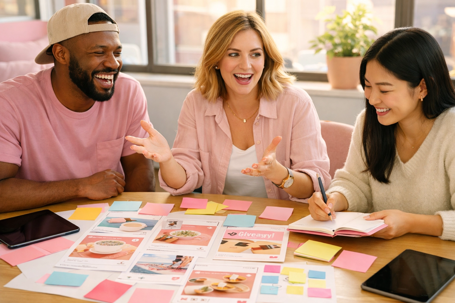 Team collaborating on social media content strategy with sticky notes and tablets
