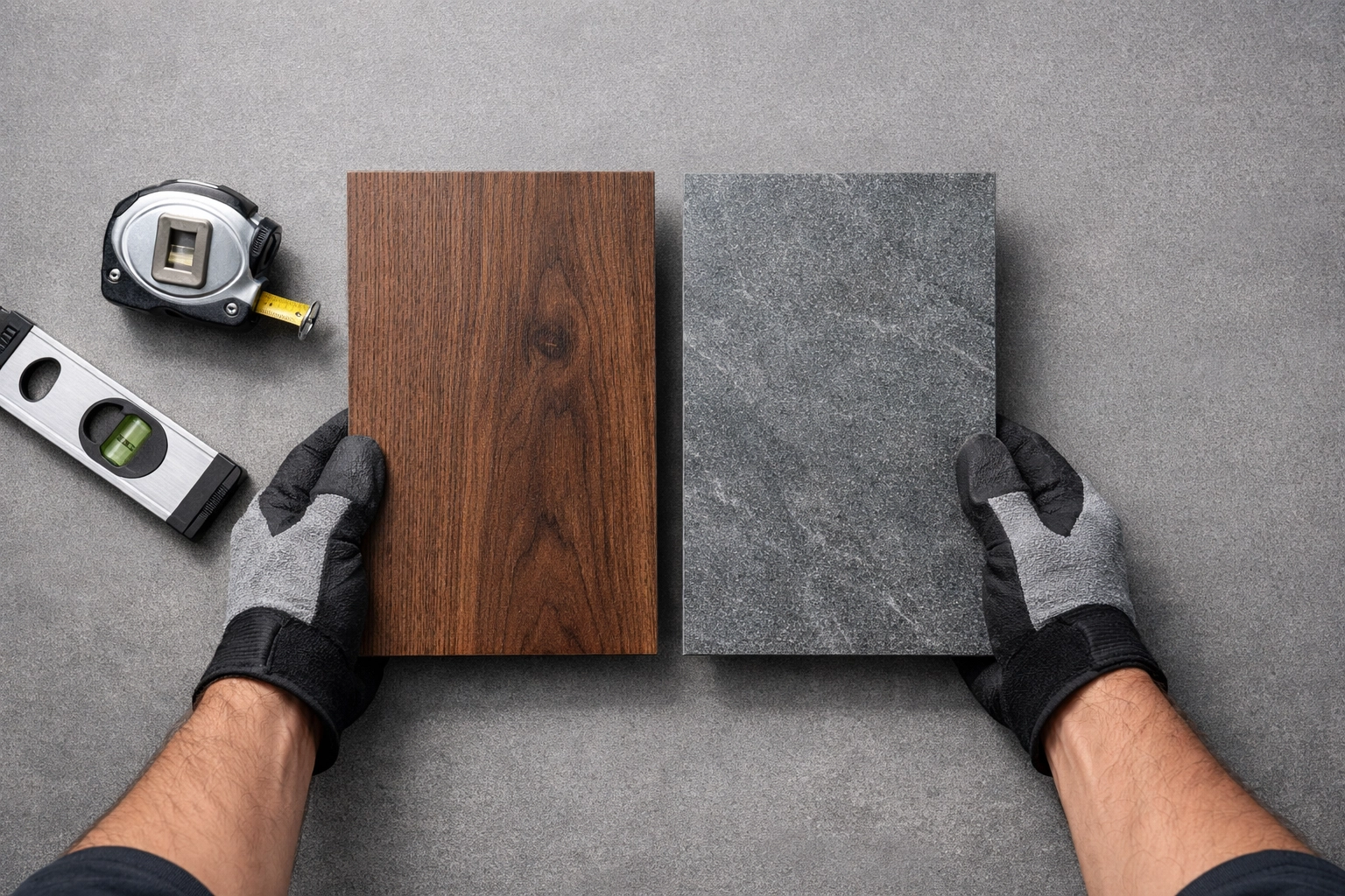 Expert selection of wood and stone LVT samples for Karndean vs Victoria Design Floors comparison.