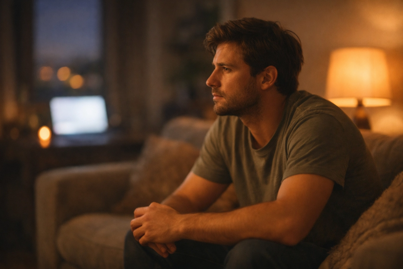 Gondterhelt férfi a laptop előtt, a pornó okozta merevedési zavar (PIED) kialakulása és hatásai.