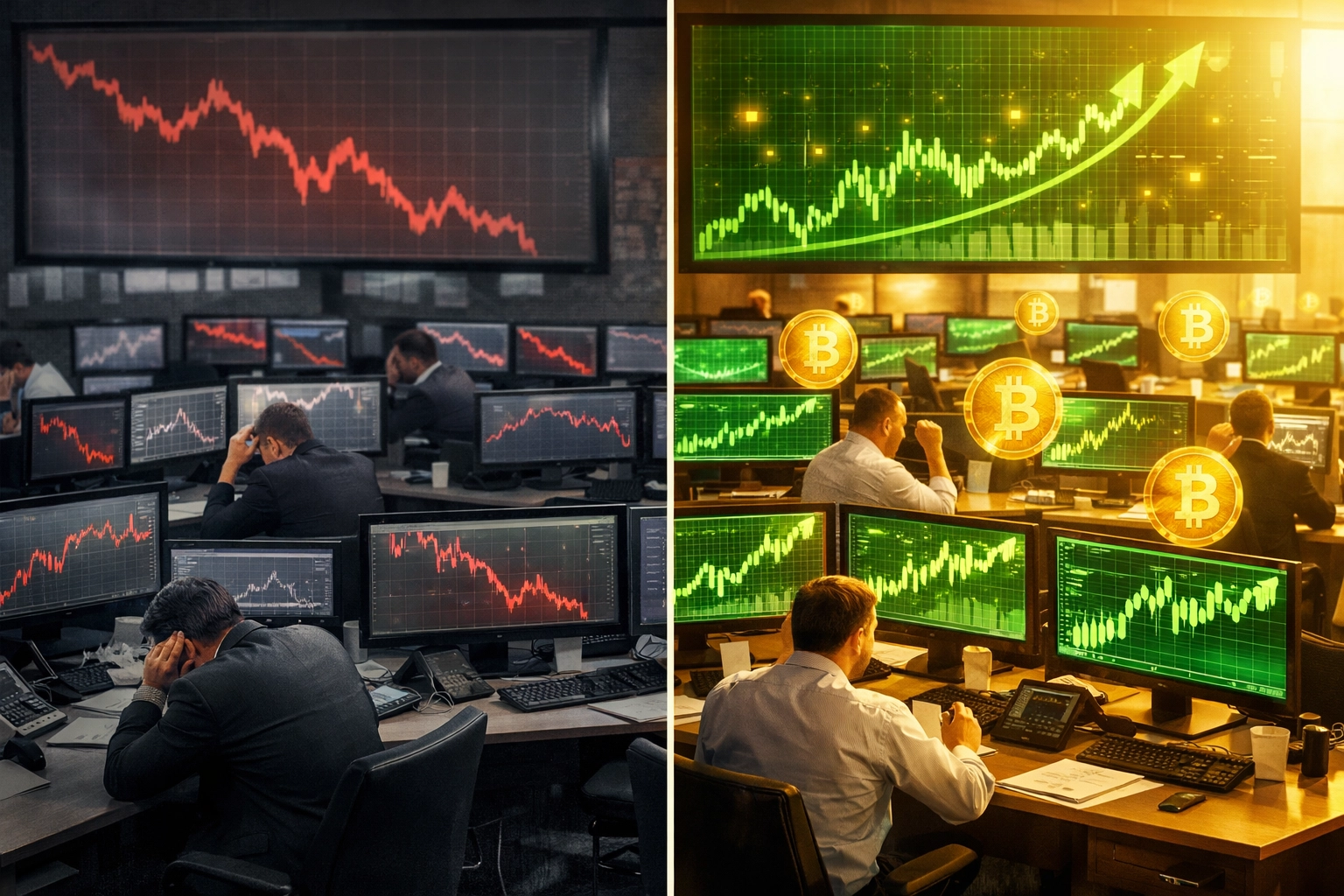 Comparison showing traditional portfolio decline versus enhanced returns with Bitcoin integration