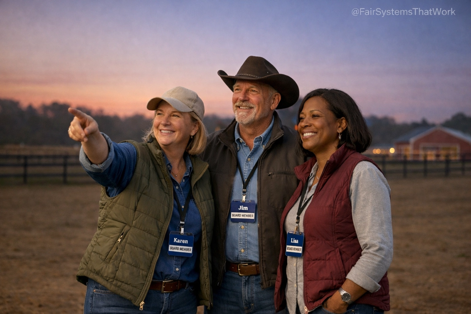 Confident ag society board members standing in a fairground arena, demonstrating effective non profit board governance.