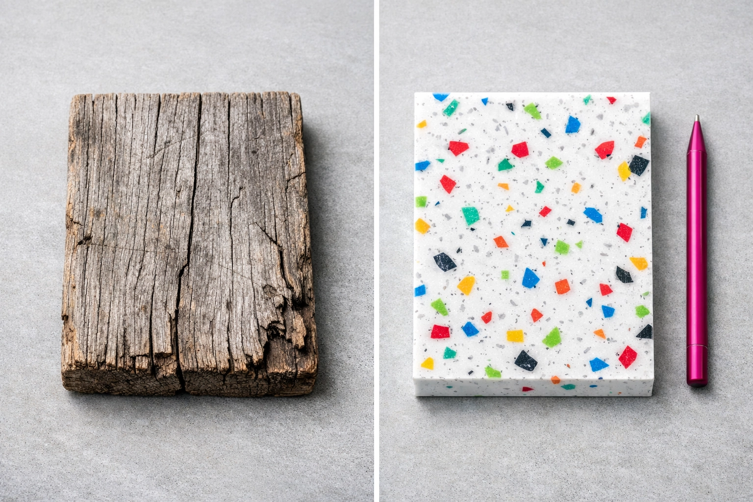 Comparison of weathered timber versus a durable, white confetti recycled plastic panel for sustainable construction.