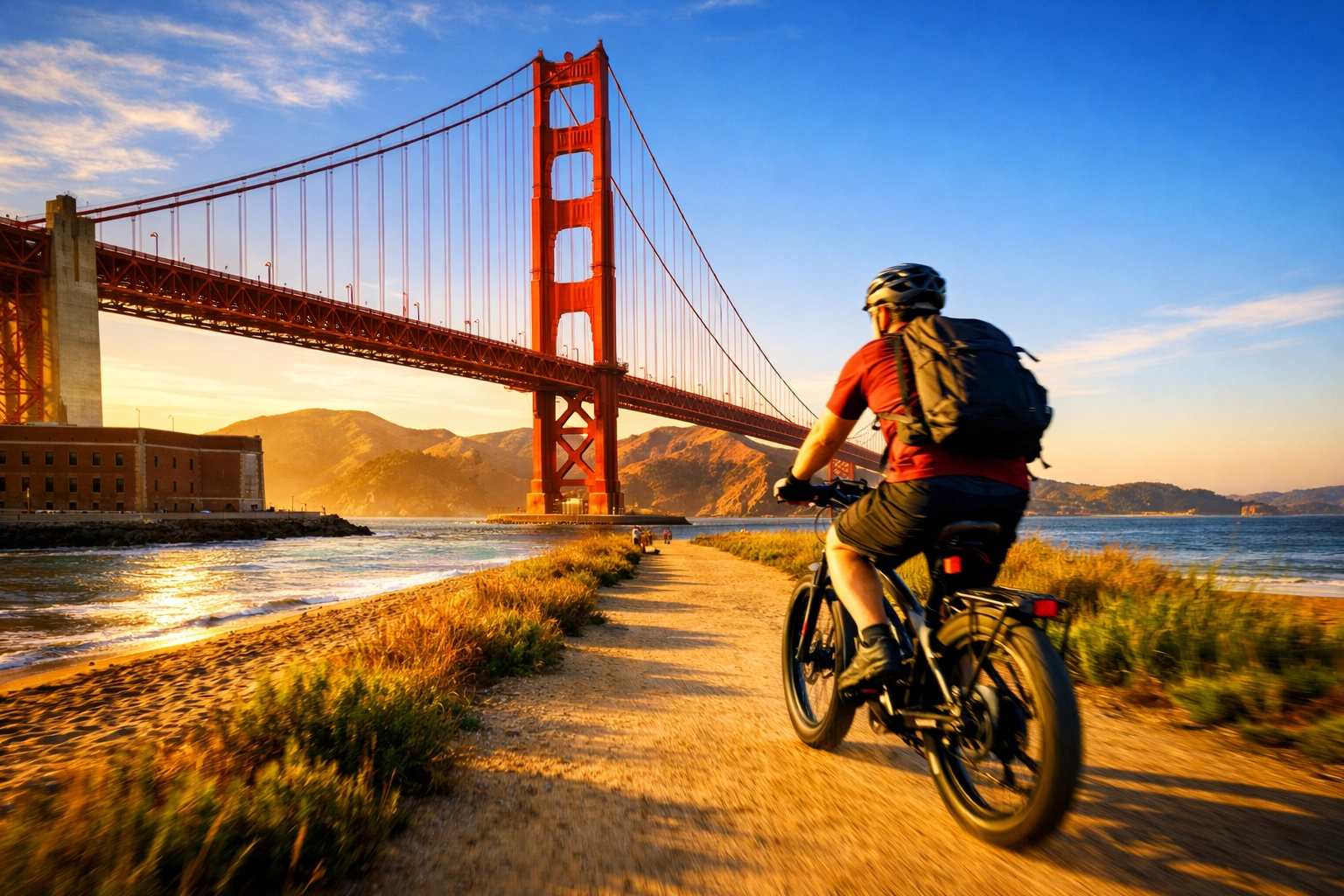 Cyclist on e-bike riding crissy field with golden gate bridge in background