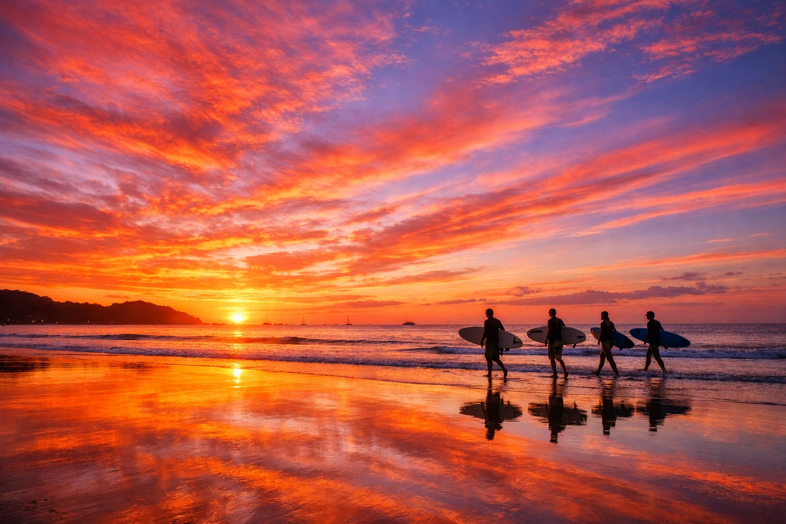 A vibrant Tamarindo sunset with surfers on the beach, reached by a Liberia airport transfer.