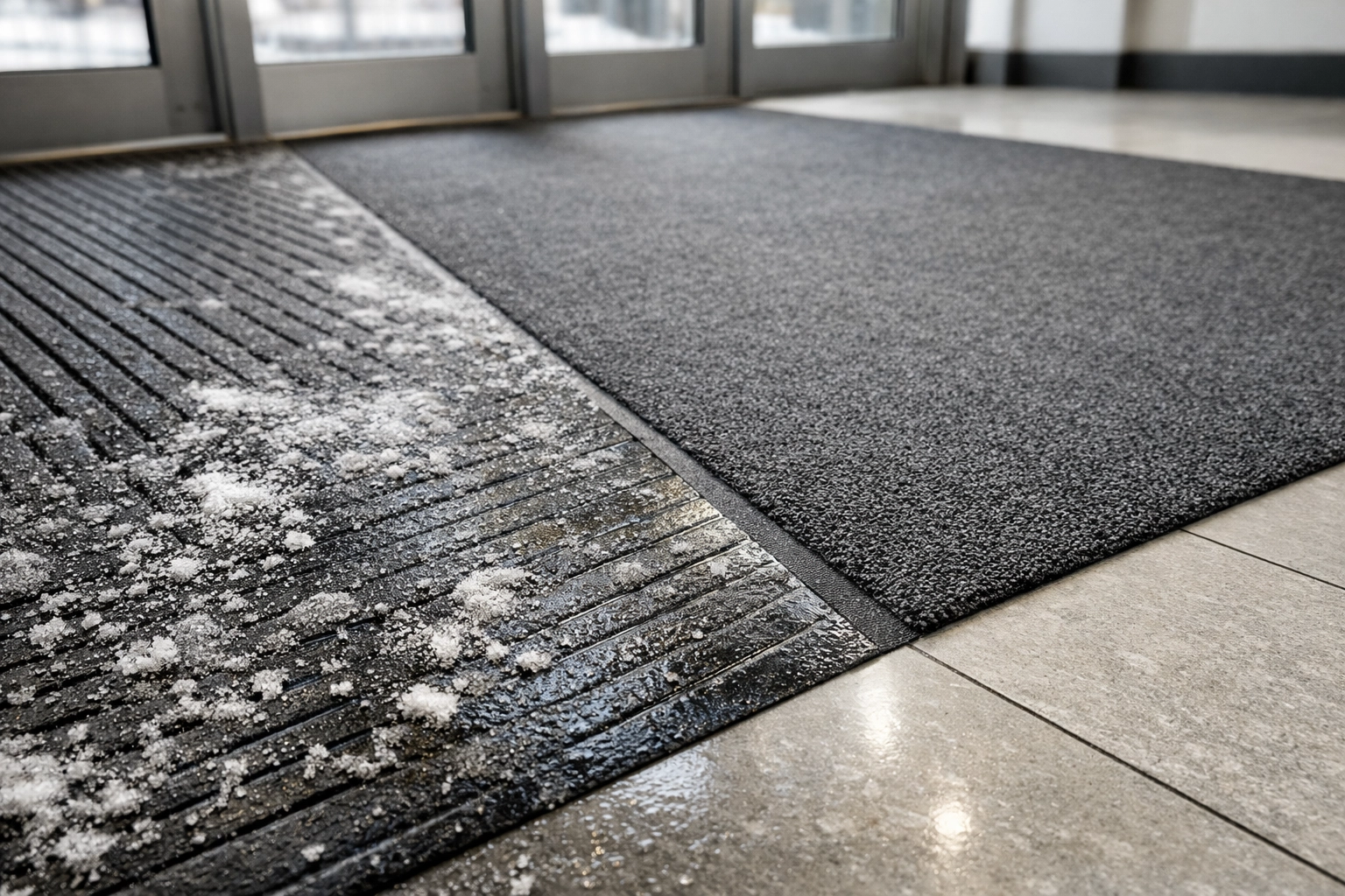Chicago office building entrance showing winter salt damage and professional floor maintenance contrast