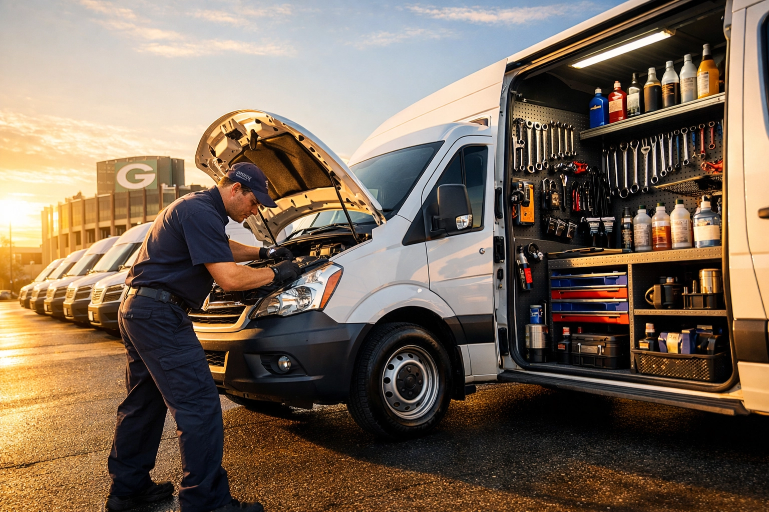 Expert mobile auto service technician performing on-site fleet maintenance for businesses in Green Bay.