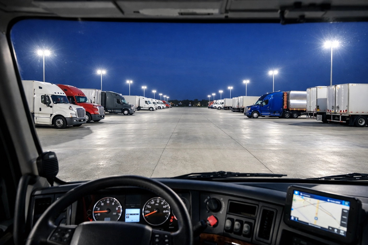 Wide drive aisles at Houston truck parking facility with LED lighting and parked semi-trucks