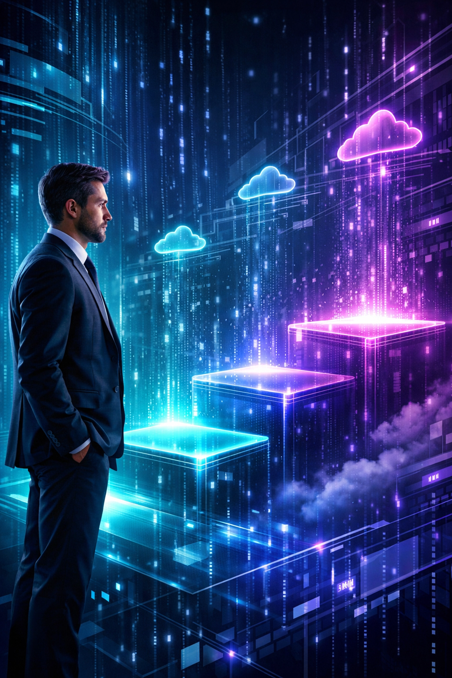 Professional man in a high-tech environment navigating tiered levels of AI literacy and cloud computing expertise.