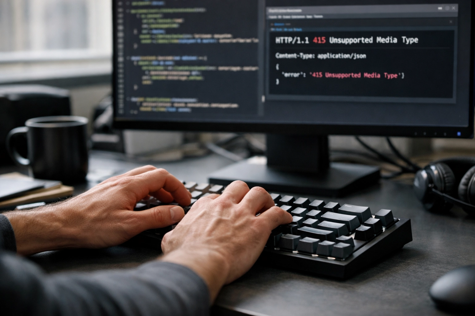 Developer debugging a 415 Unsupported Media Type error on a coding workstation