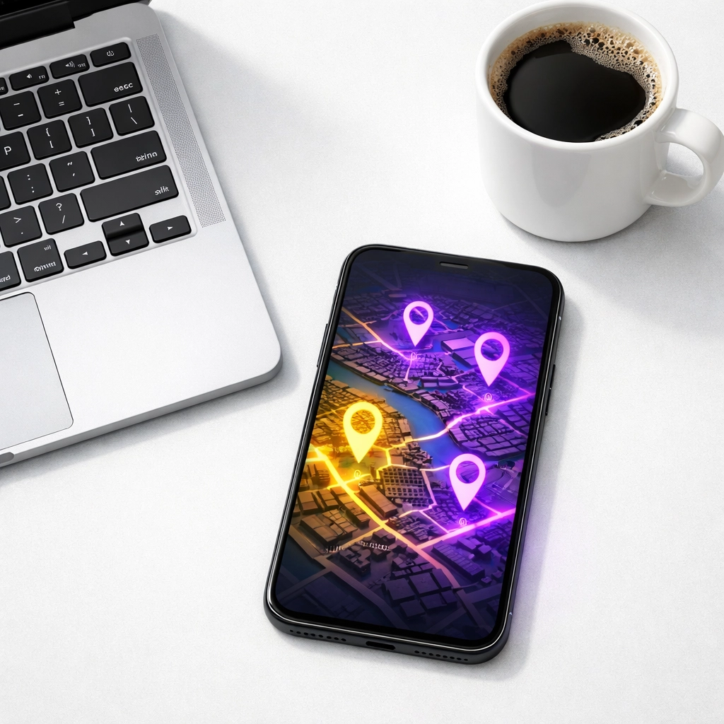 Smartphone displaying a map with location pins for local SEO and neighborhood keyword targeting.