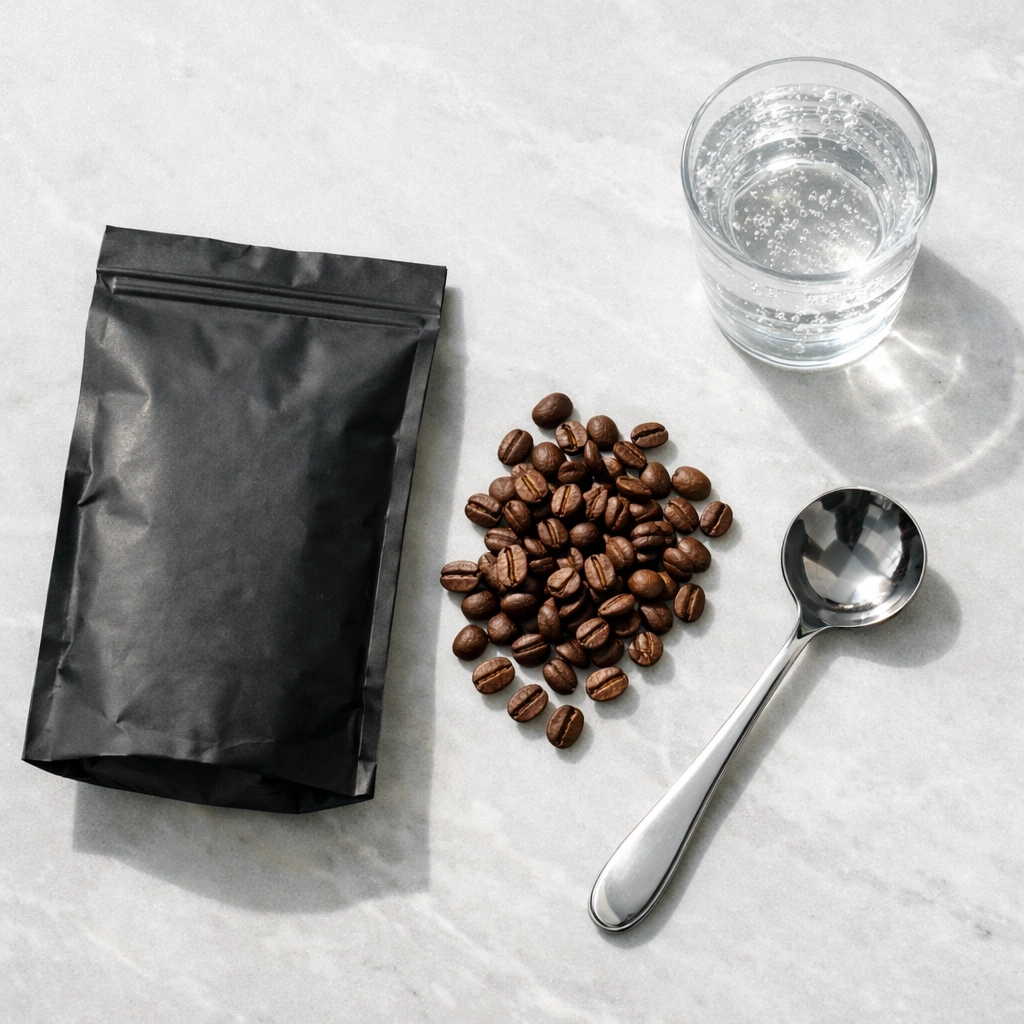 A coffee cupping setup with freshly roasted specialty coffee beans and a professional spoon.