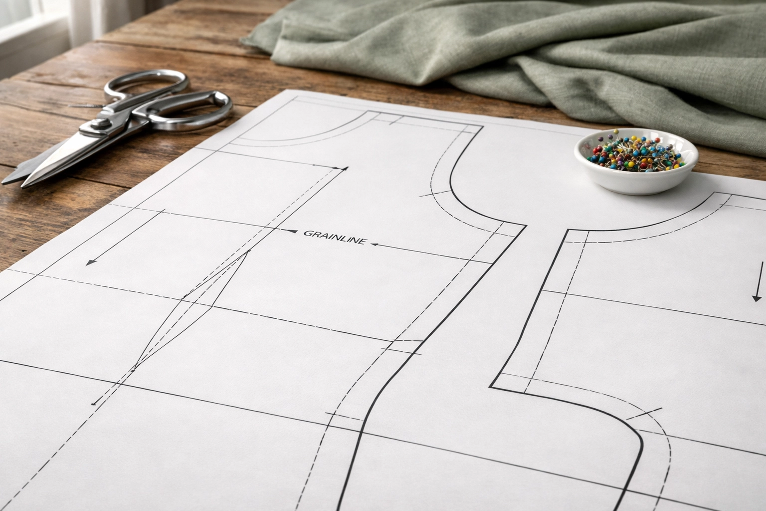 The Dressmaker’s Guide To Stress-Free Sewing: Why Professional Pattern Printing Wins 2 High-quality wide-format sewing pattern printed on professional bond paper with dressmaking shears and pins.