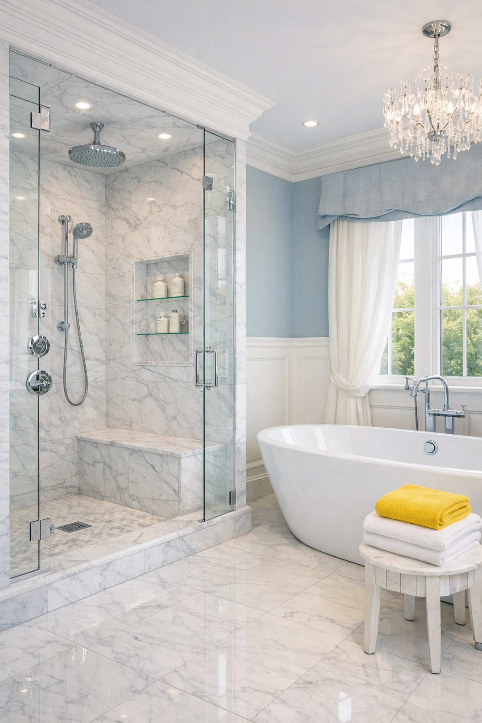 Spotless marble shower and tub in a Winchester home showcasing professional bathroom deep cleaning results.