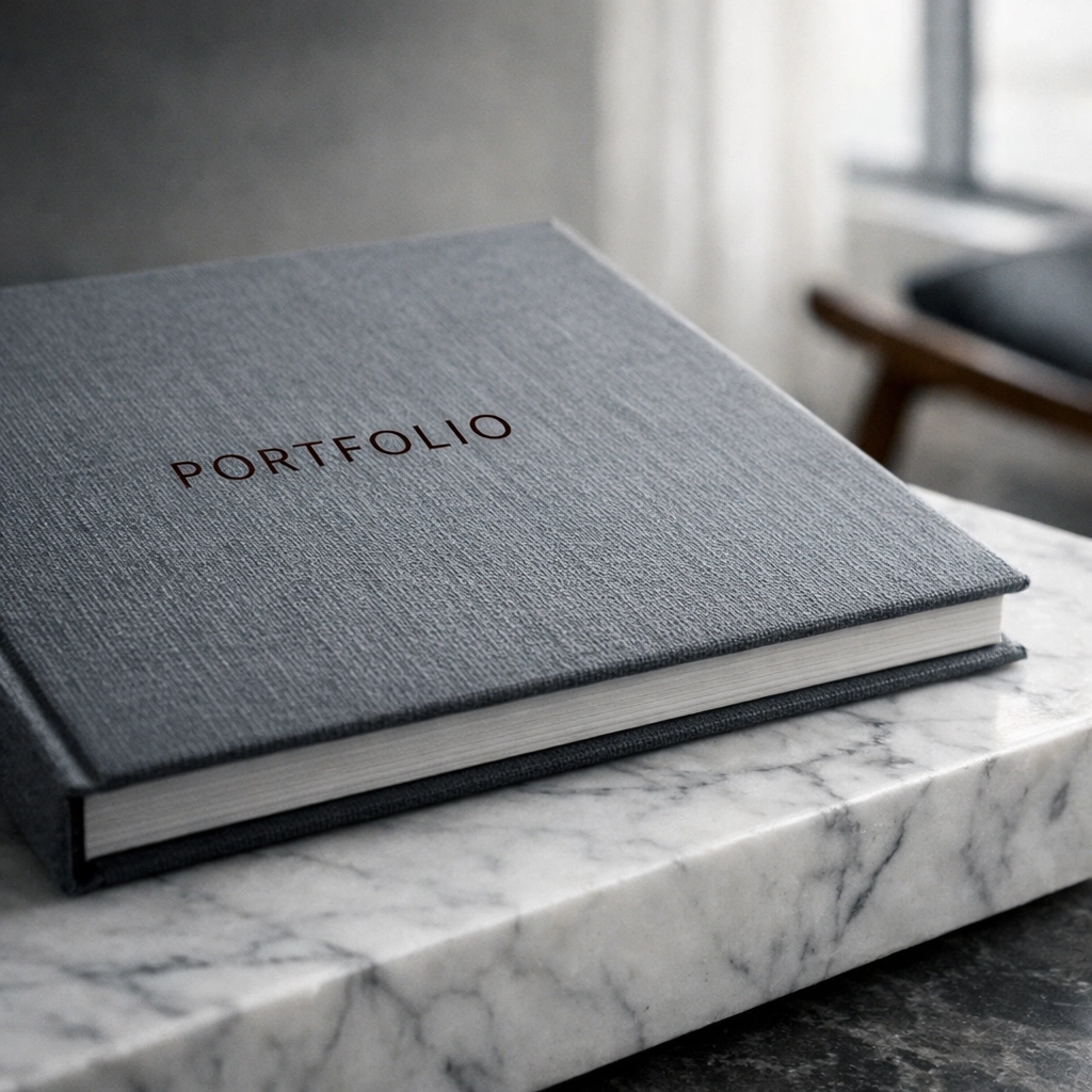 Premium linen-bound portfolio on marble representing high-end boutique design agency results.