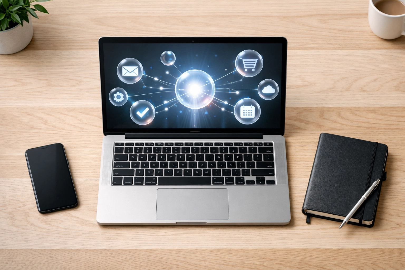 A modern workspace with holographic connections illustrating automated business process integration.