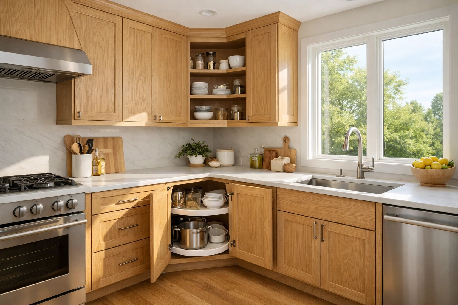 Light oak custom cabinets in a Minnesota kitchen remodel using smart corner storage solutions.