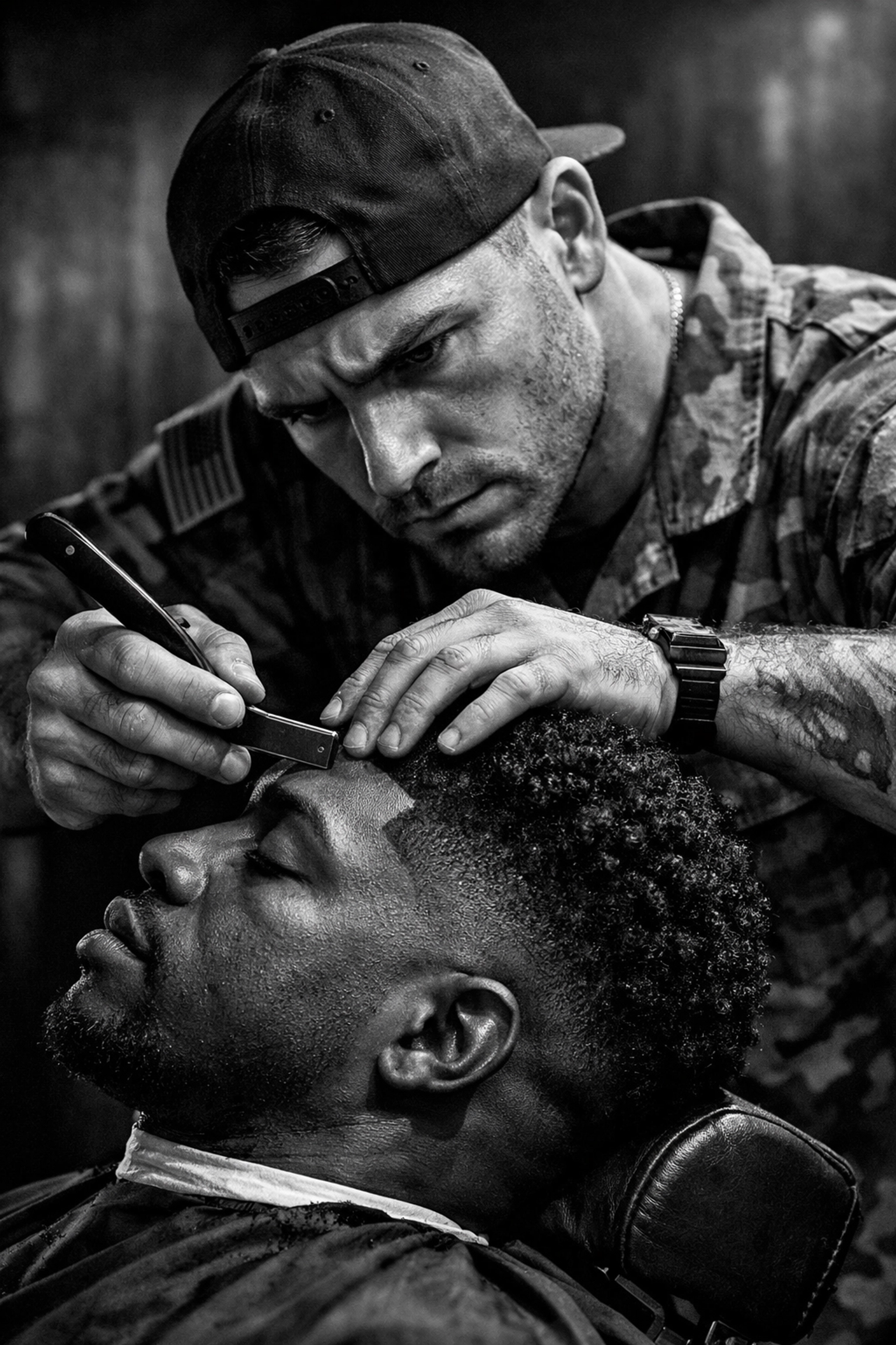 Veteran barber student performing a precise straight razor edge-up as part of career training in Ohio.