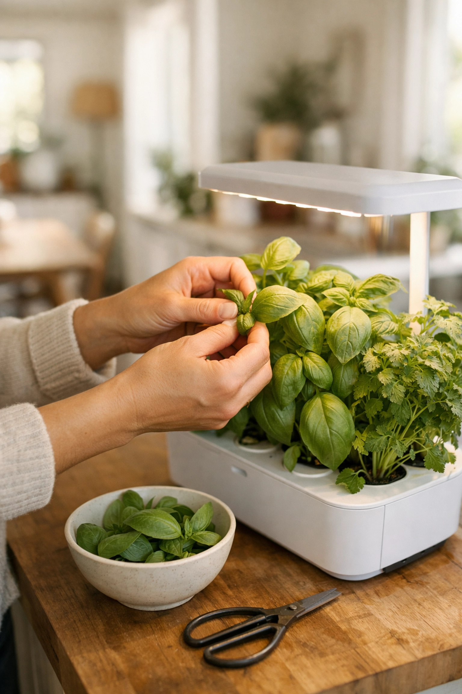 Harvesting fresh basil from countertop hydroponic herb garden at home