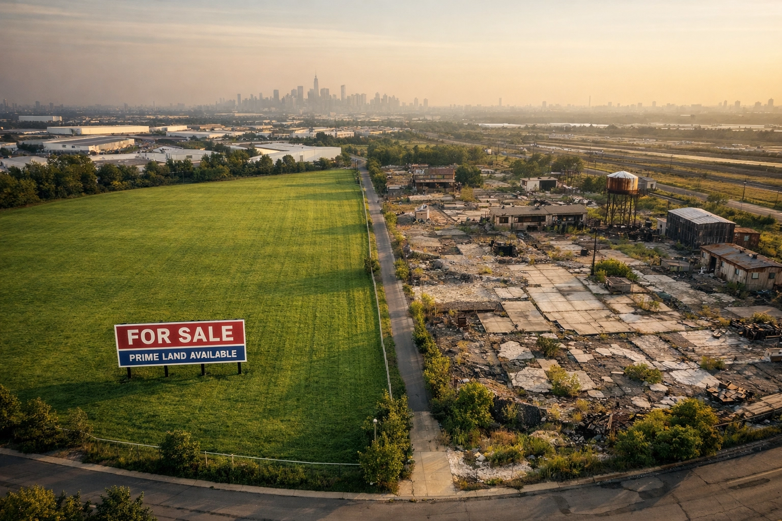 Aerial comparison of clean greenfield lot versus brownfield industrial site in New Jersey