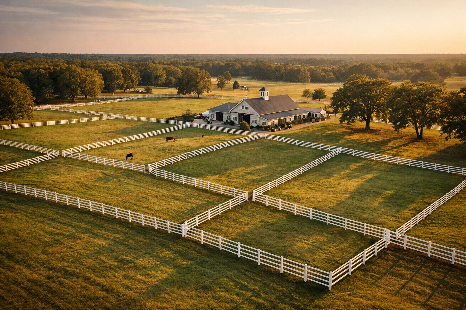 Aerial view of Waxhaw horse farm with white fencing, pastures, and barn in North Carolina