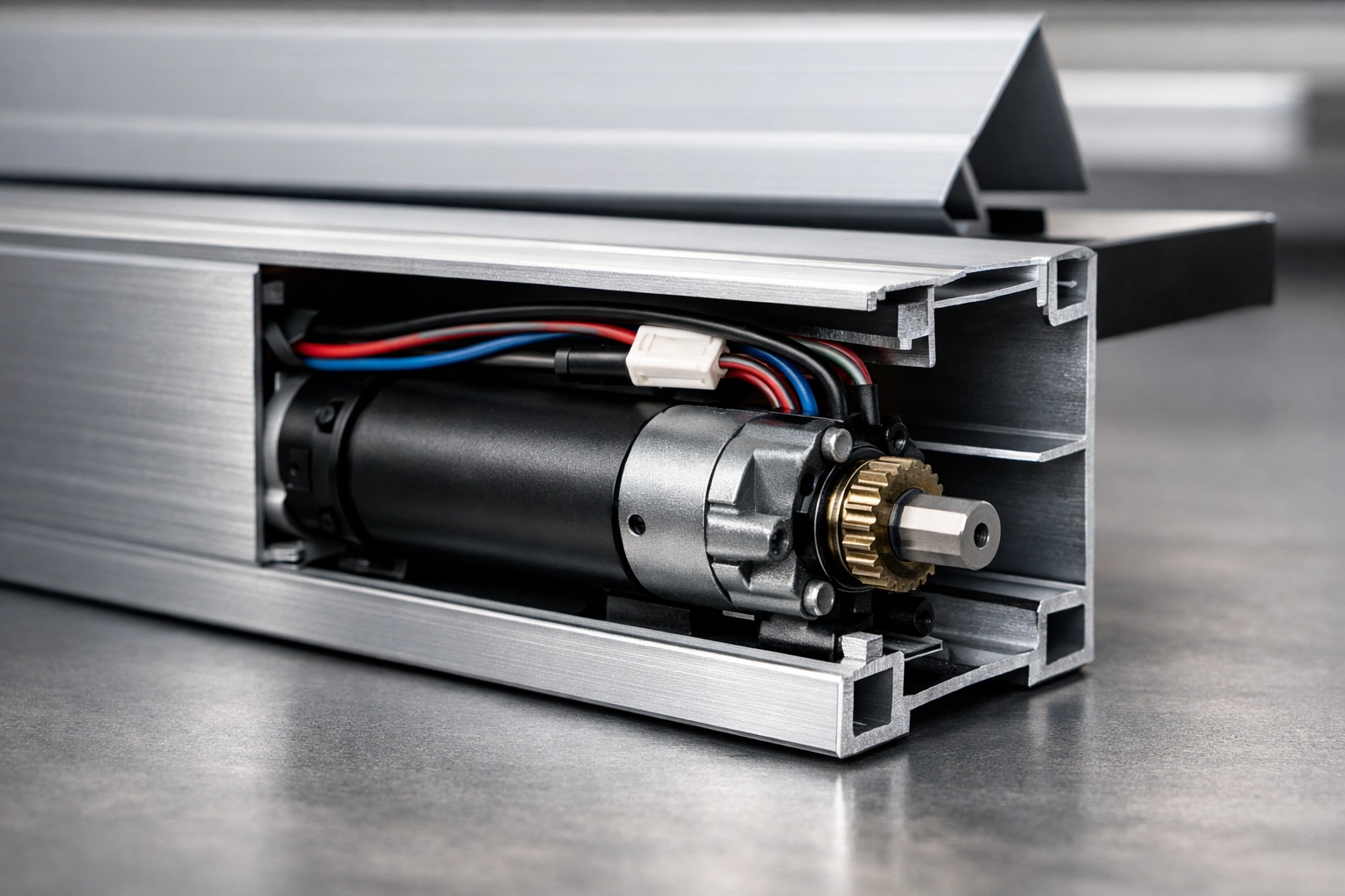 Internal motor and wiring inside a 6063-T5 aluminium louvre beam cutaway.
