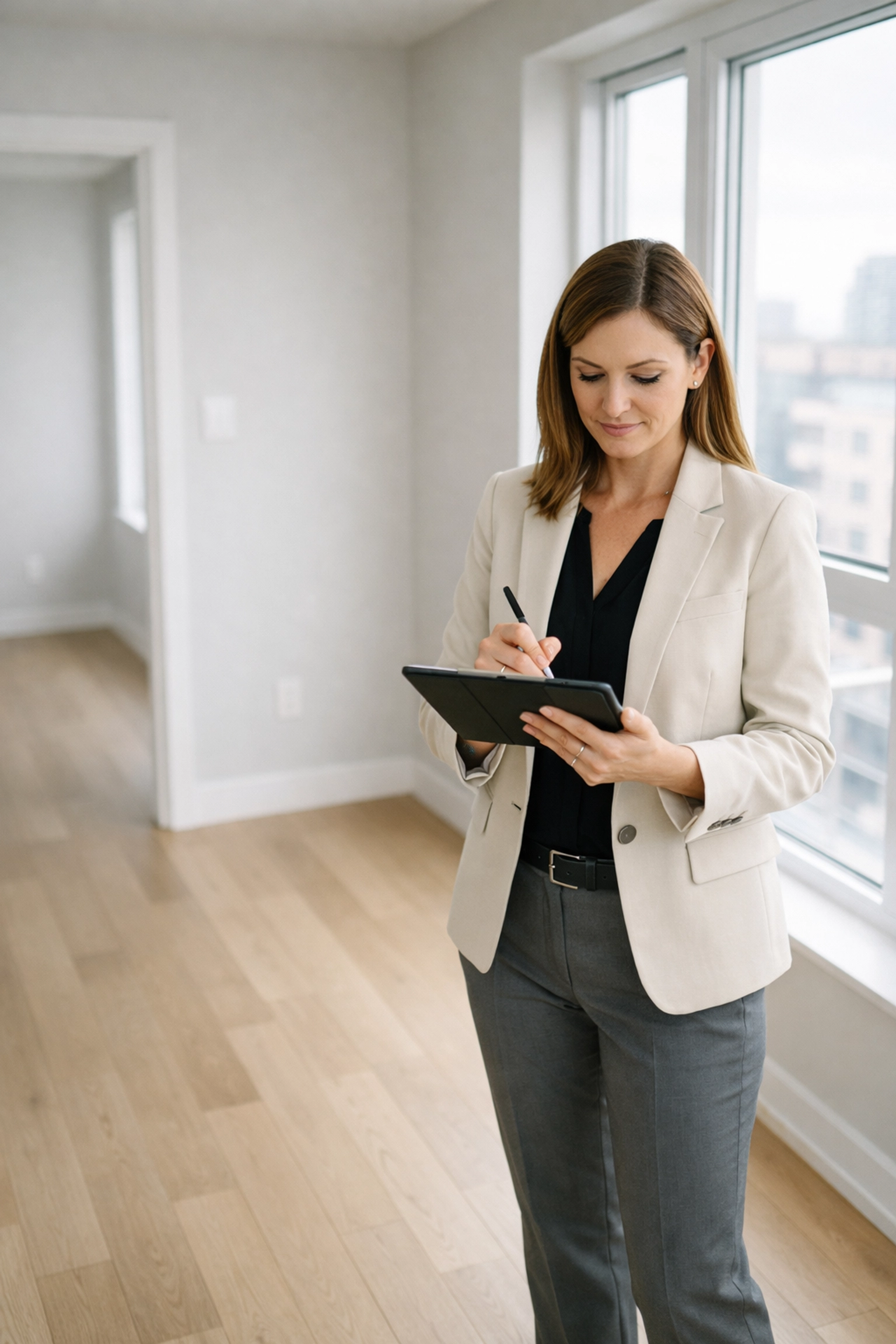 Property manager conducting pre-move-out inspection in empty apartment unit with tablet